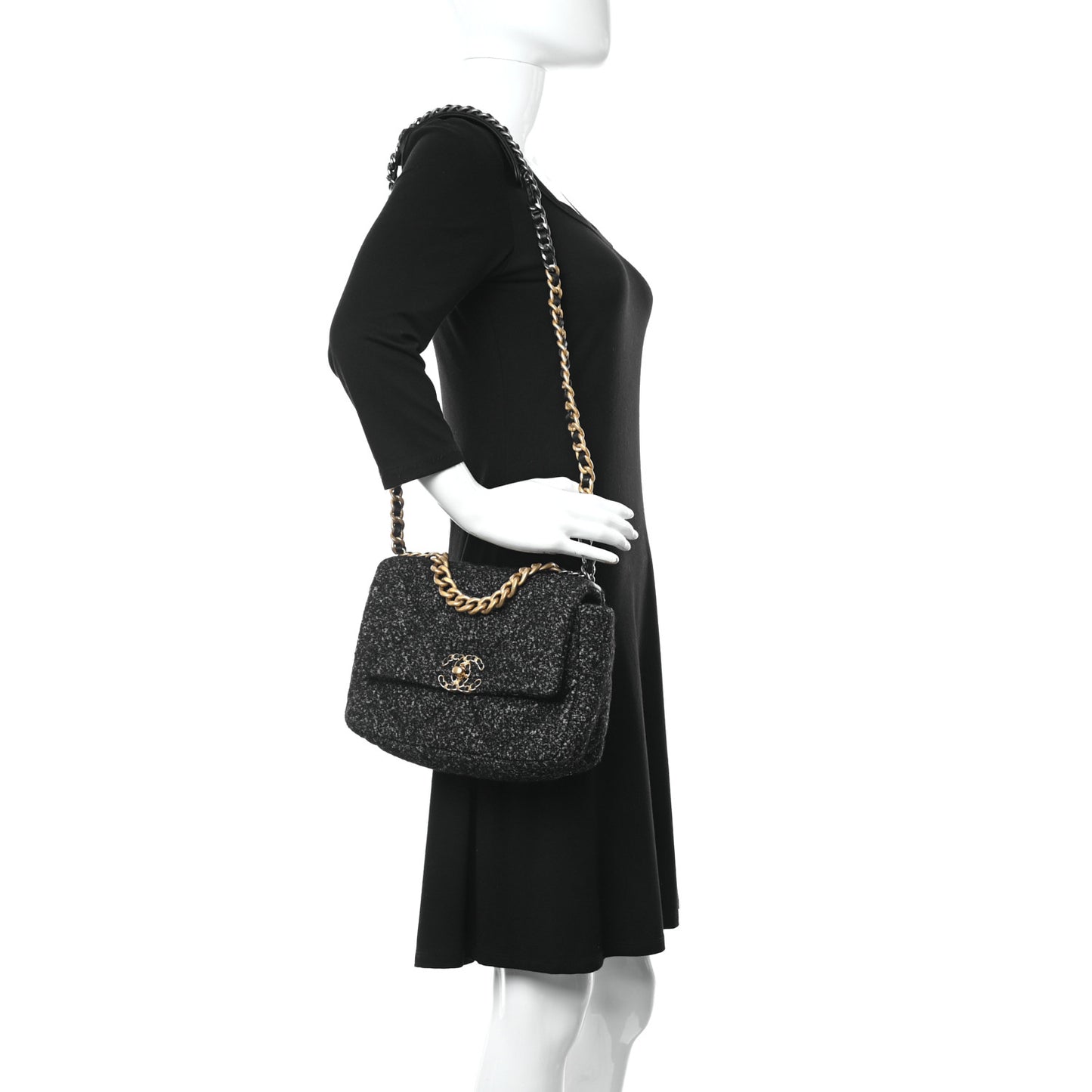 Tweed Quilted Medium Chanel 19 Flap Black Grey