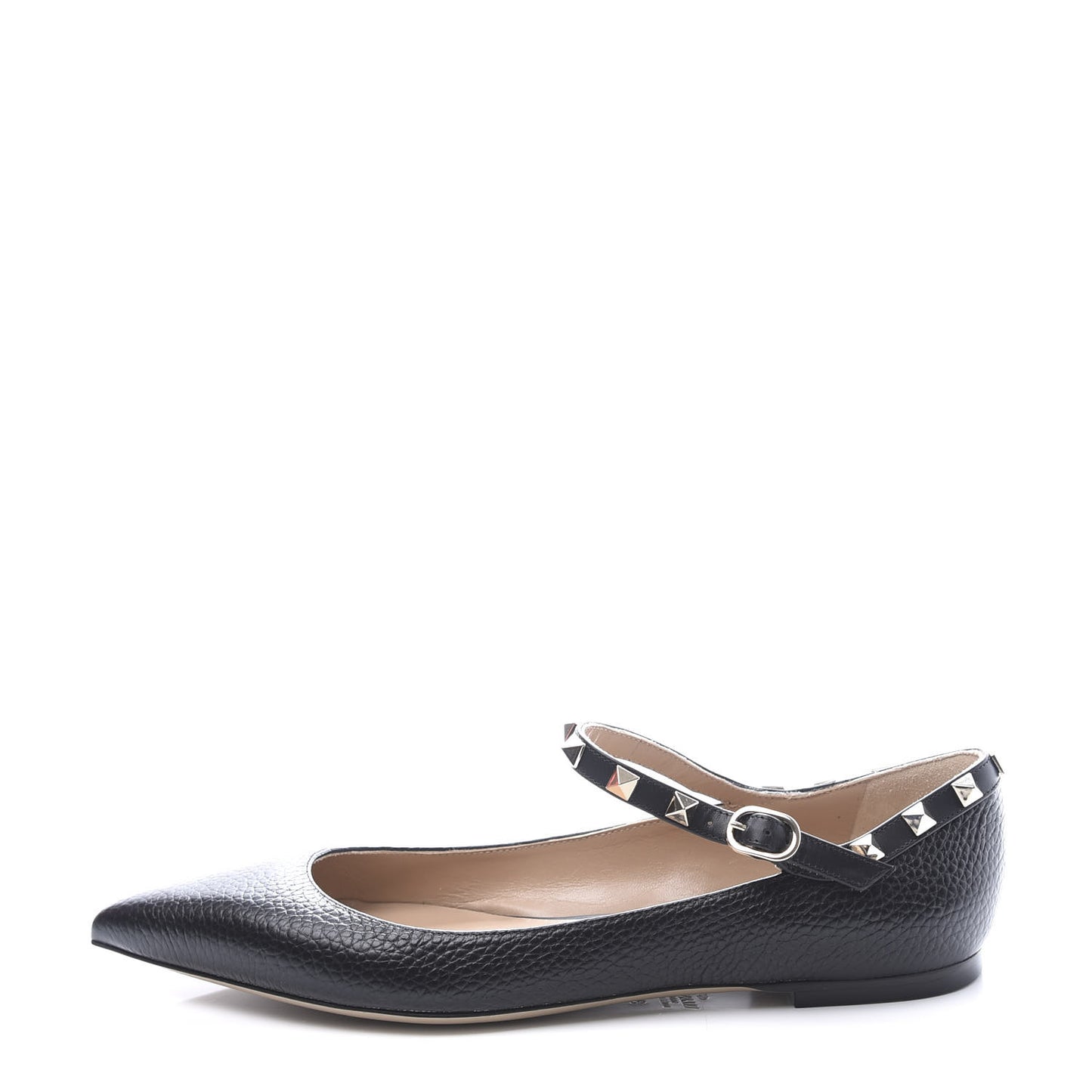 Pebbled Calfskin Rockstud Ankle Strap Ballerina Flats 38.5 Black