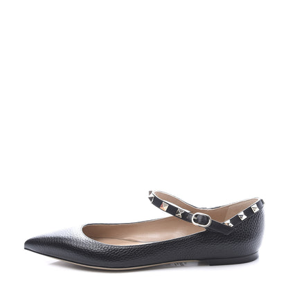 Valentino Garavani Pebbled Calfskin Rockstud Ankle Strap Ballerina Flats 38.5 Black 1 of 11