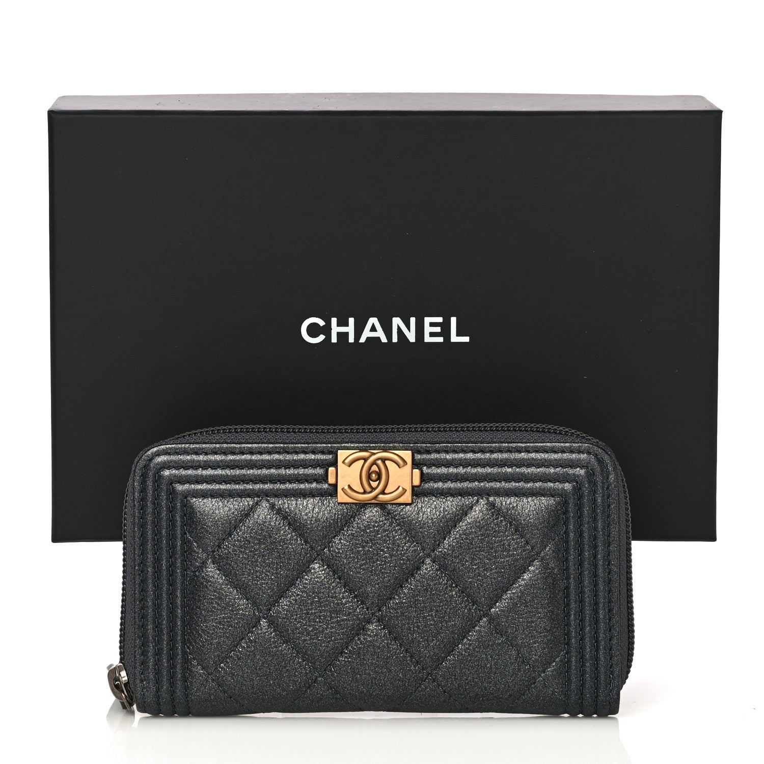 Chanel Metallic Calfskin Quilted Small Boy Zip Around Wallet Charcoal 11 of 11