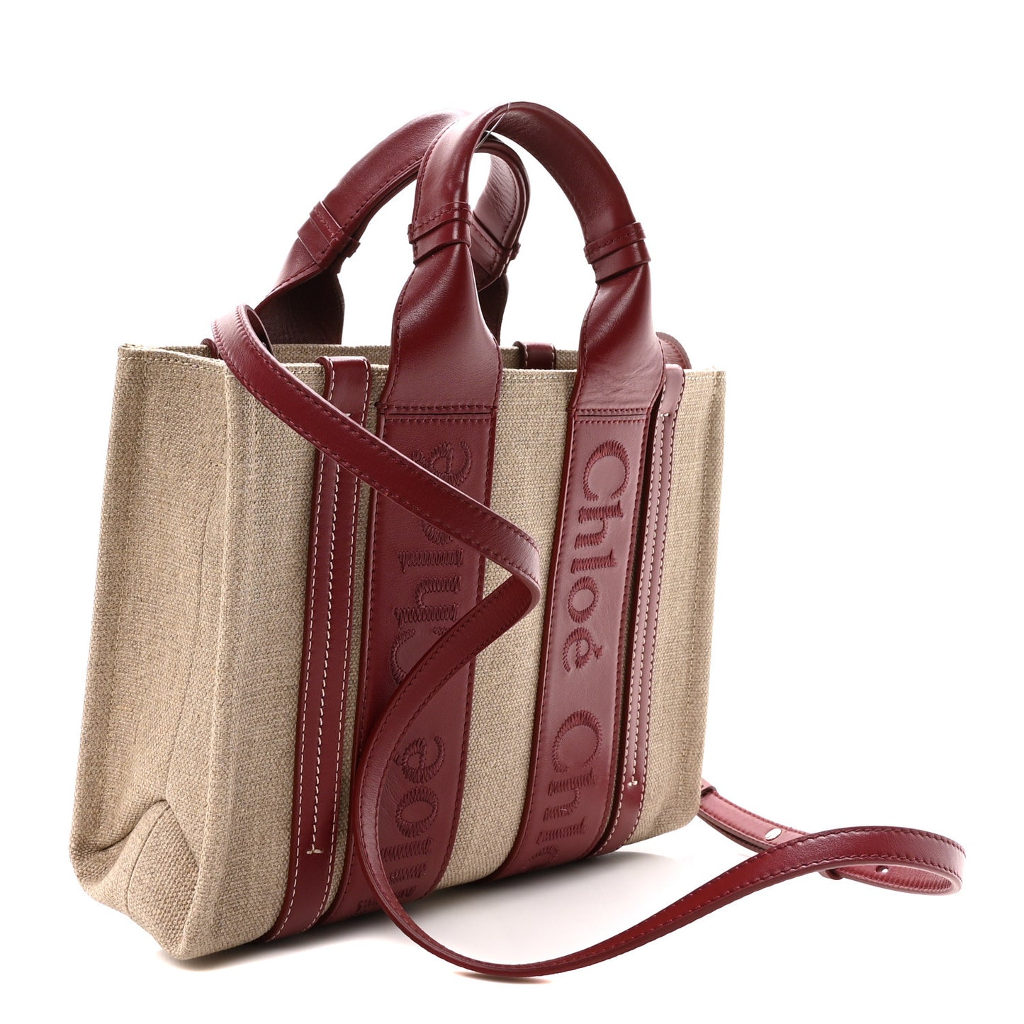 Cotton Calfskin Small Woody Ribbon Tote With Strap Dark Ruby