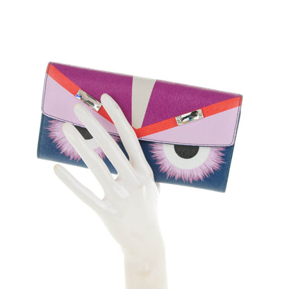 Fendi Vitello Elite Crystal Eye Monster Continental Wallet Cobalt Lavender Pink 2 of 7