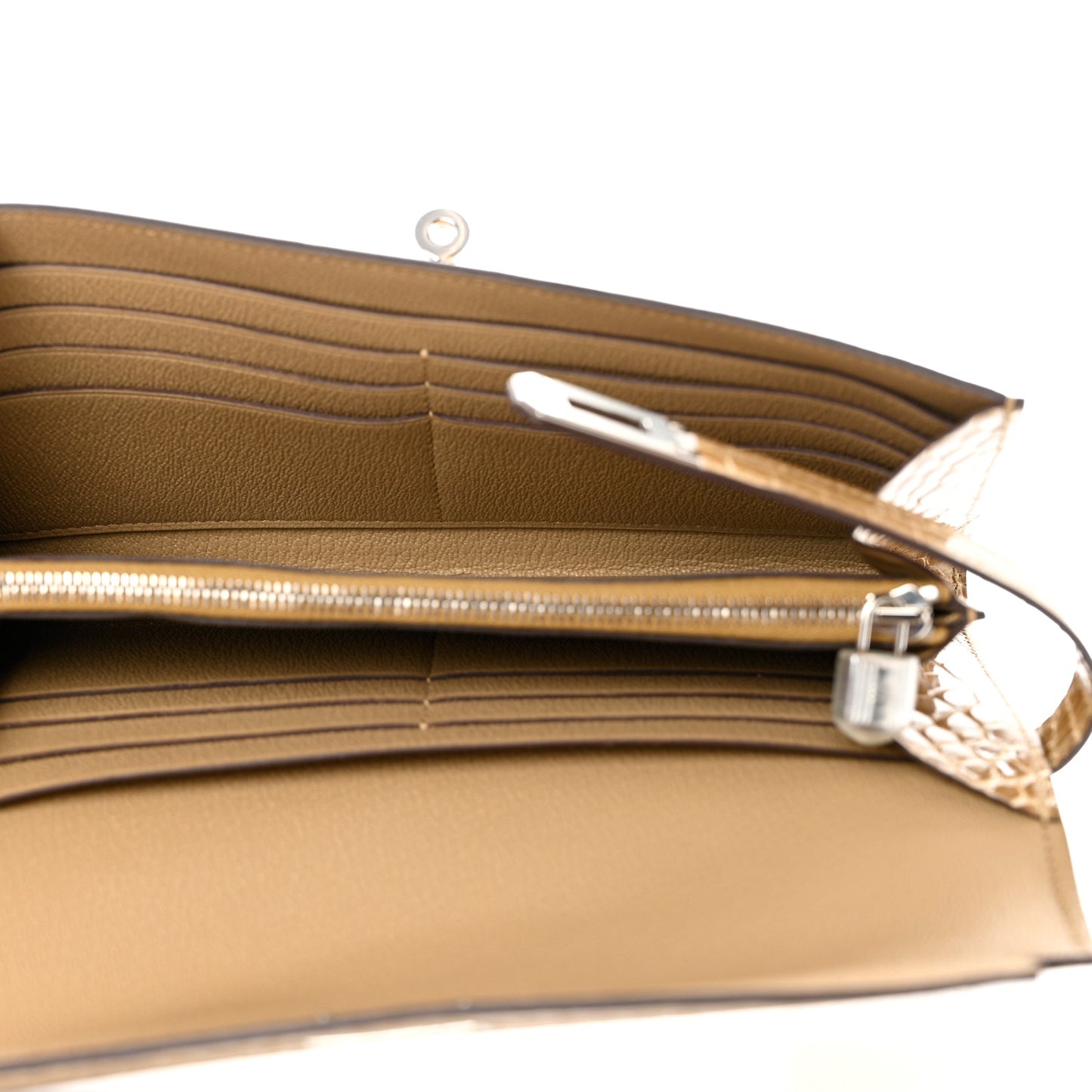 Shiny Alligator Kelly Longue Wallet Beige Sable