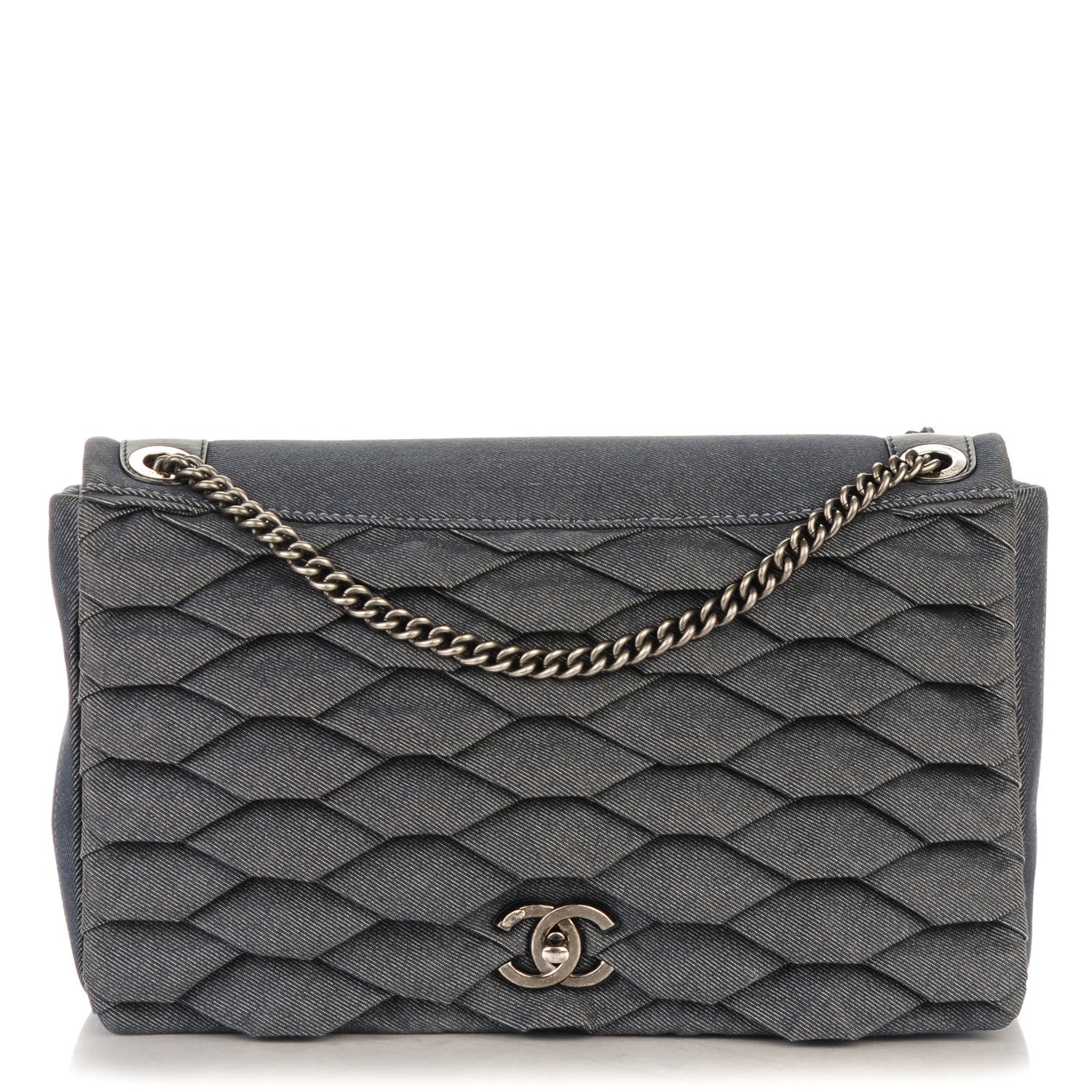 Chanel Denim Pleated Denim Turtle Flap Dark Blue 1 of 7
