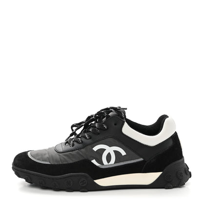 Chanel Nylon Calfskin Suede Womens CC Sneakers 37 Black Grey White 1 of 9