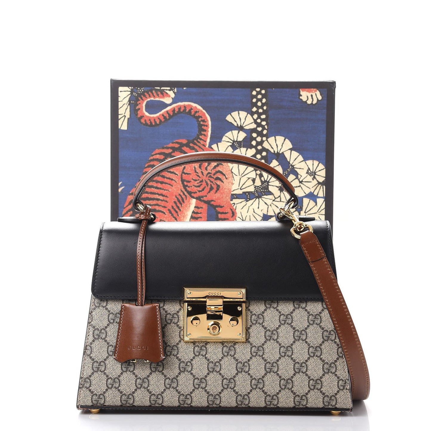 GG Supreme Monogram Calfskin Small Padlock Top Handle Bag Beige Black Cuir
