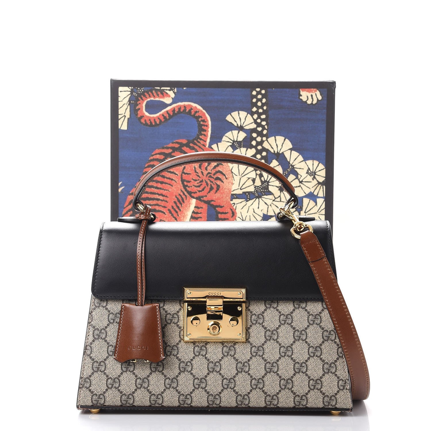 Gucci GG Supreme Monogram Calfskin Small Padlock Top Handle Bag Beige Black Cuir 9 of 9