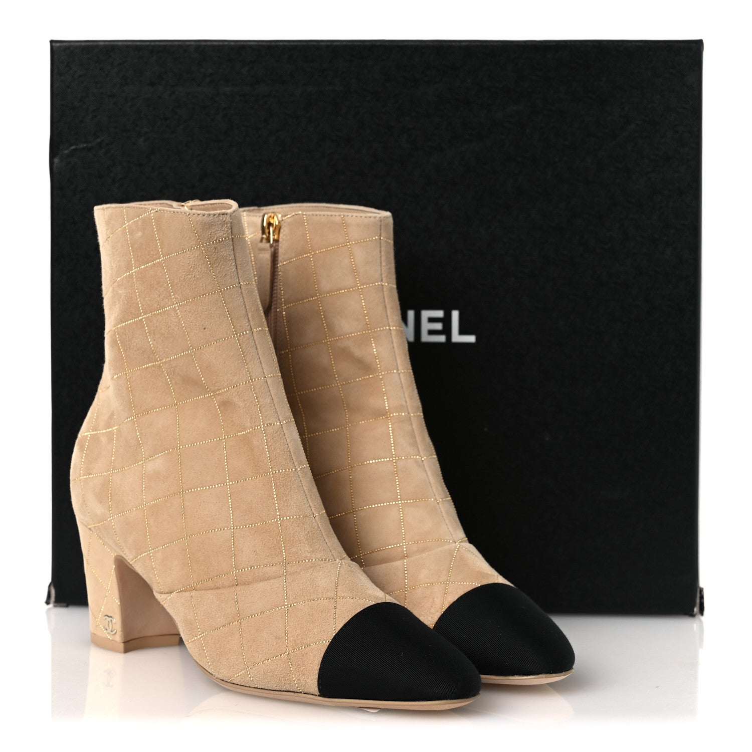 Chanel Suede Goatskin Grosgrain Cap Toe Shorts Boots 37 Beige Golden Black 12 of 12