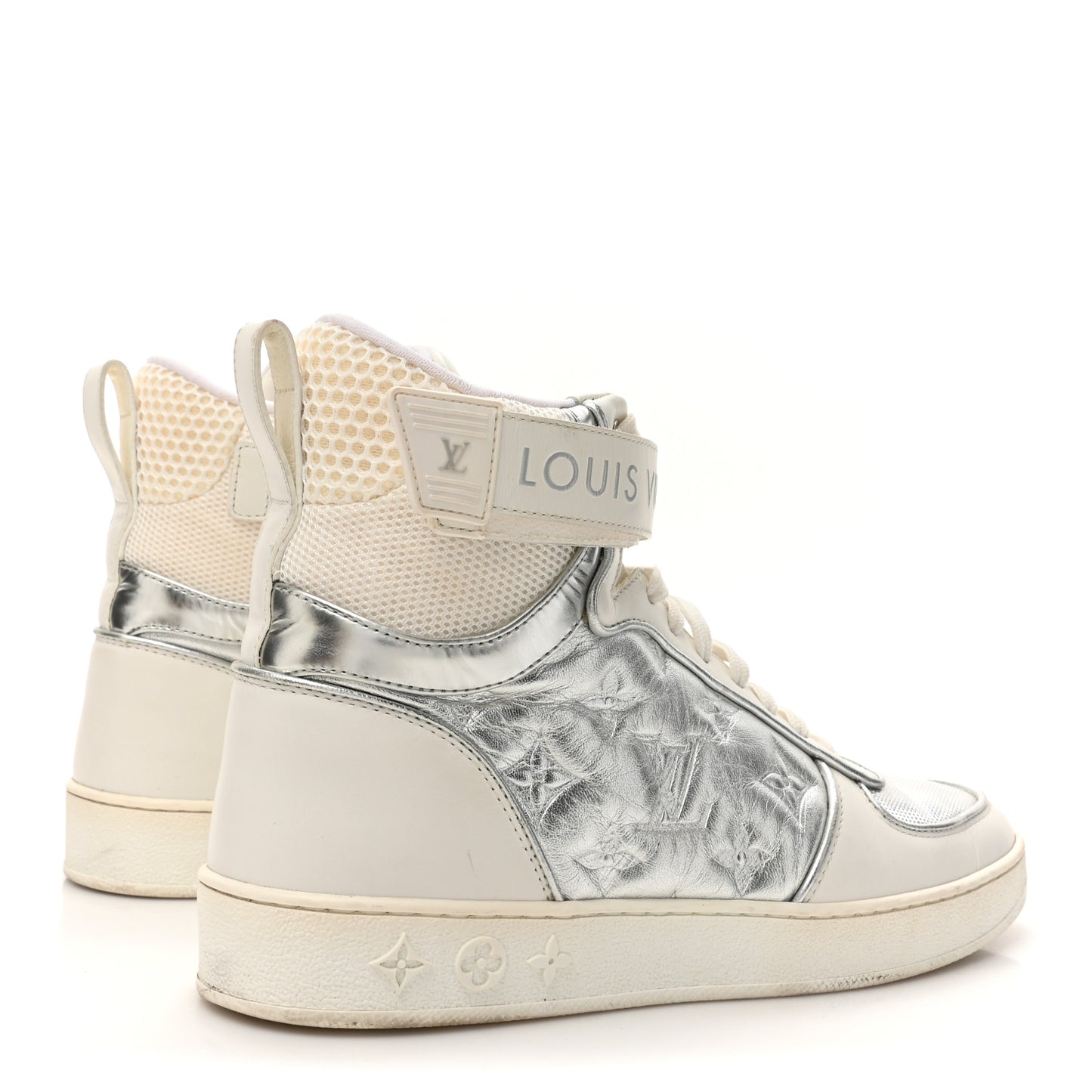 Metallic Calfskin Embossed Monogram Boombox Sneakers 37.5 White Silver