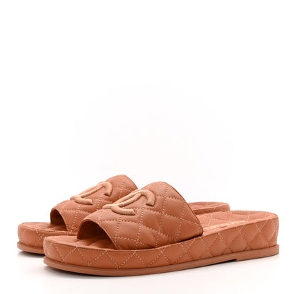 Chanel Lambskin Quilted CC Mules Sandals 38 Brown 3 of 9