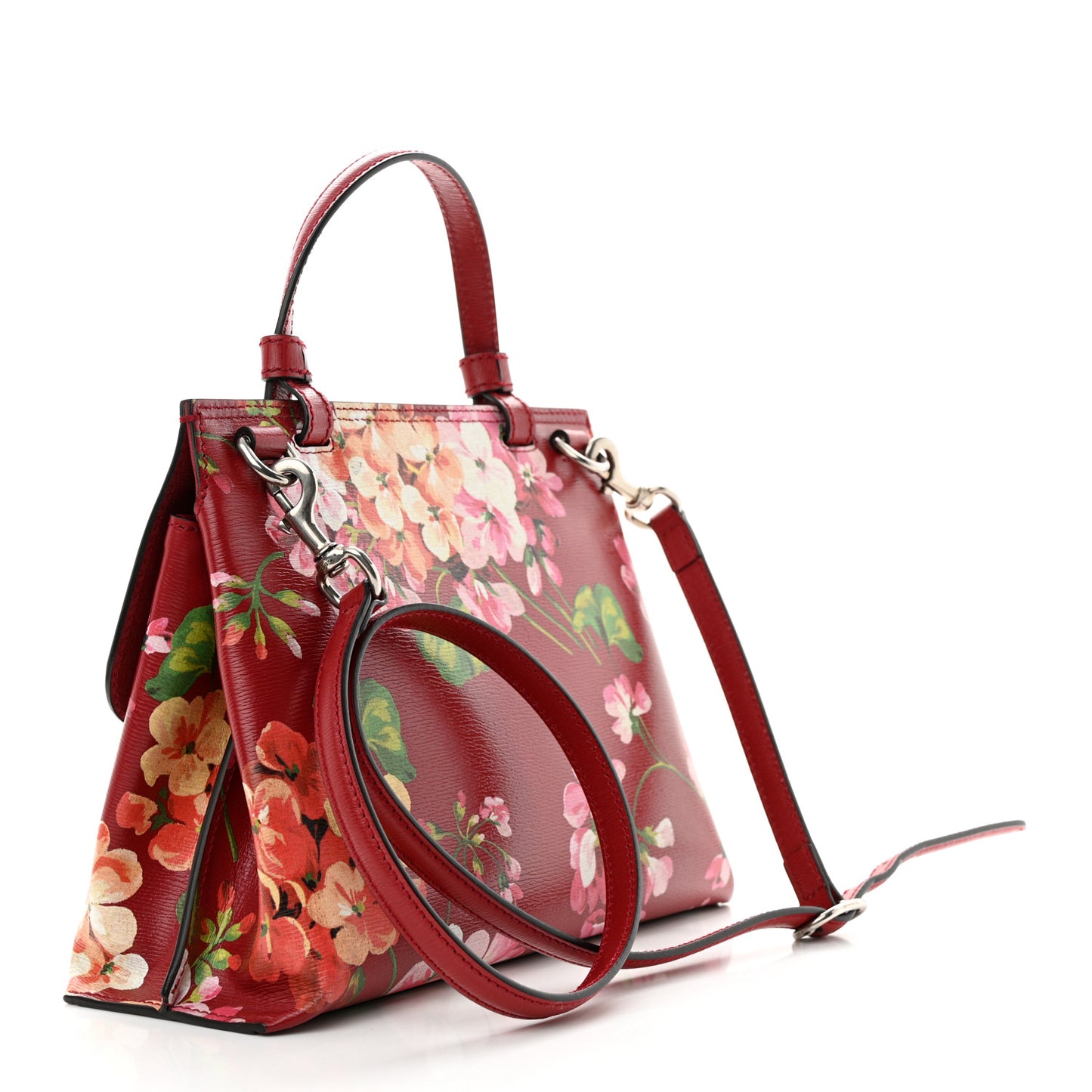 Shangai Calfskin Blooms Print Small Bamboo Daily Top Handle Bag Romantic Cerise Multicolor