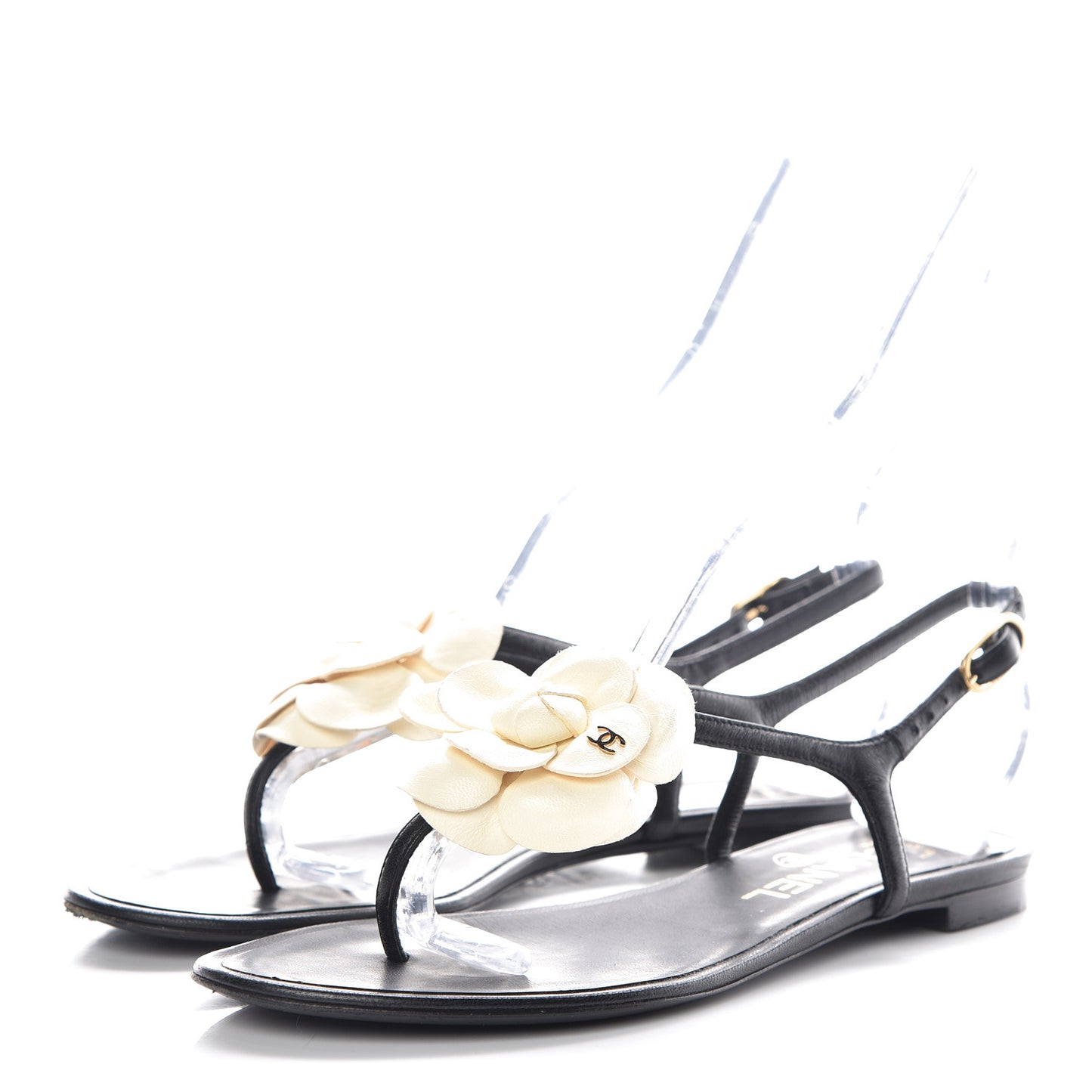Lambskin Camellia Thong Sandals 36 Black White
