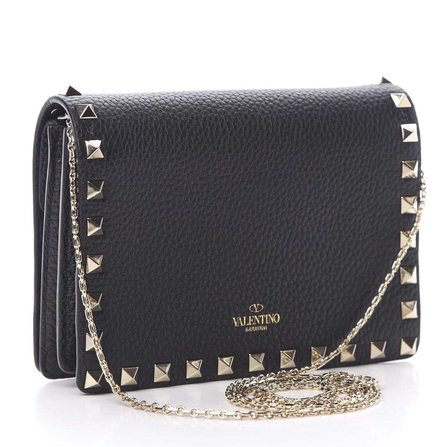 Pebbled Calfskin Rockstud Wallet on Chain Black