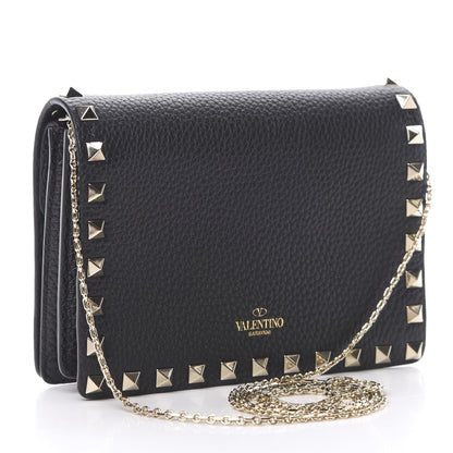 Valentino Garavani Pebbled Calfskin Rockstud Wallet on Chain Black 3 of 11