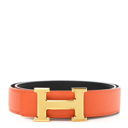Hermes Epsom Swift 32mm Guilloche H Belt 80 Black Orange 1 of 6