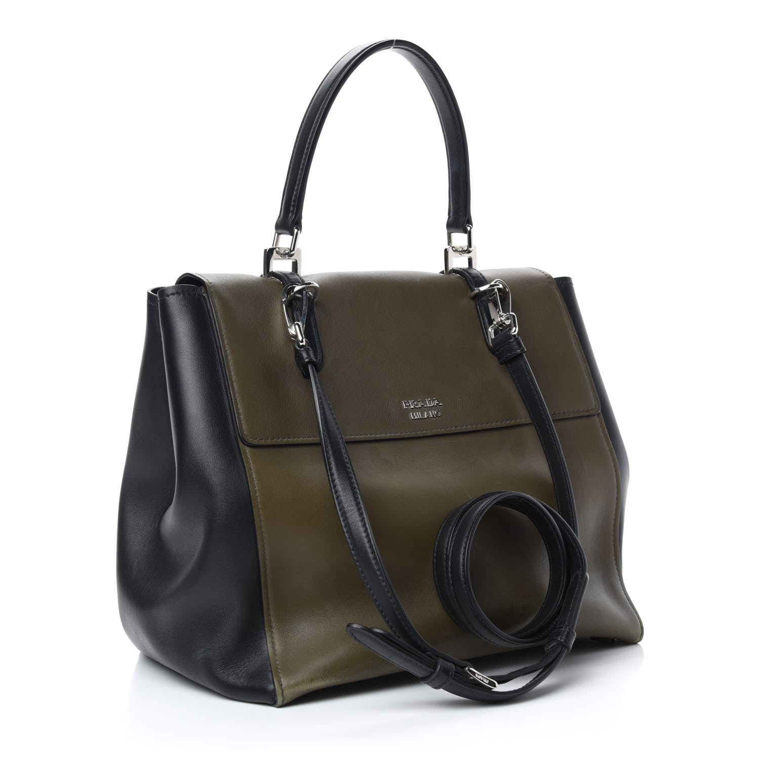 Prada City Calfskin Convertible Top Handle Tote Militare Green Black 3 of 9