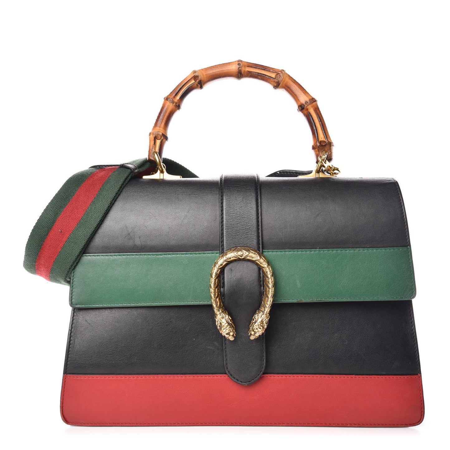 Calfskin Bamboo Web Large Dionysus Top Handle Bag Black Bright Evergreen Hibiscus Red