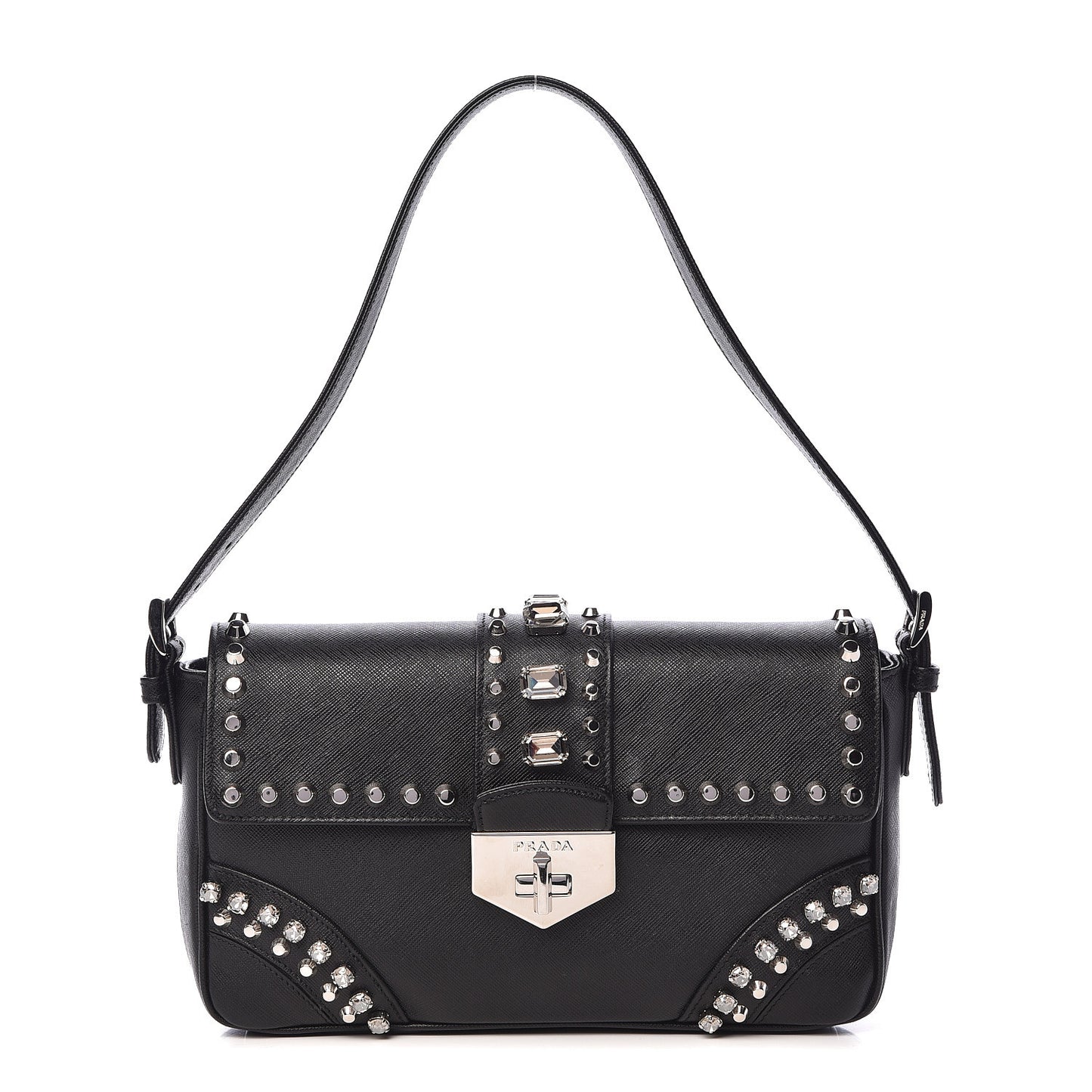 Saffiano Soft Crystal Embellished Shoulder Bag Black