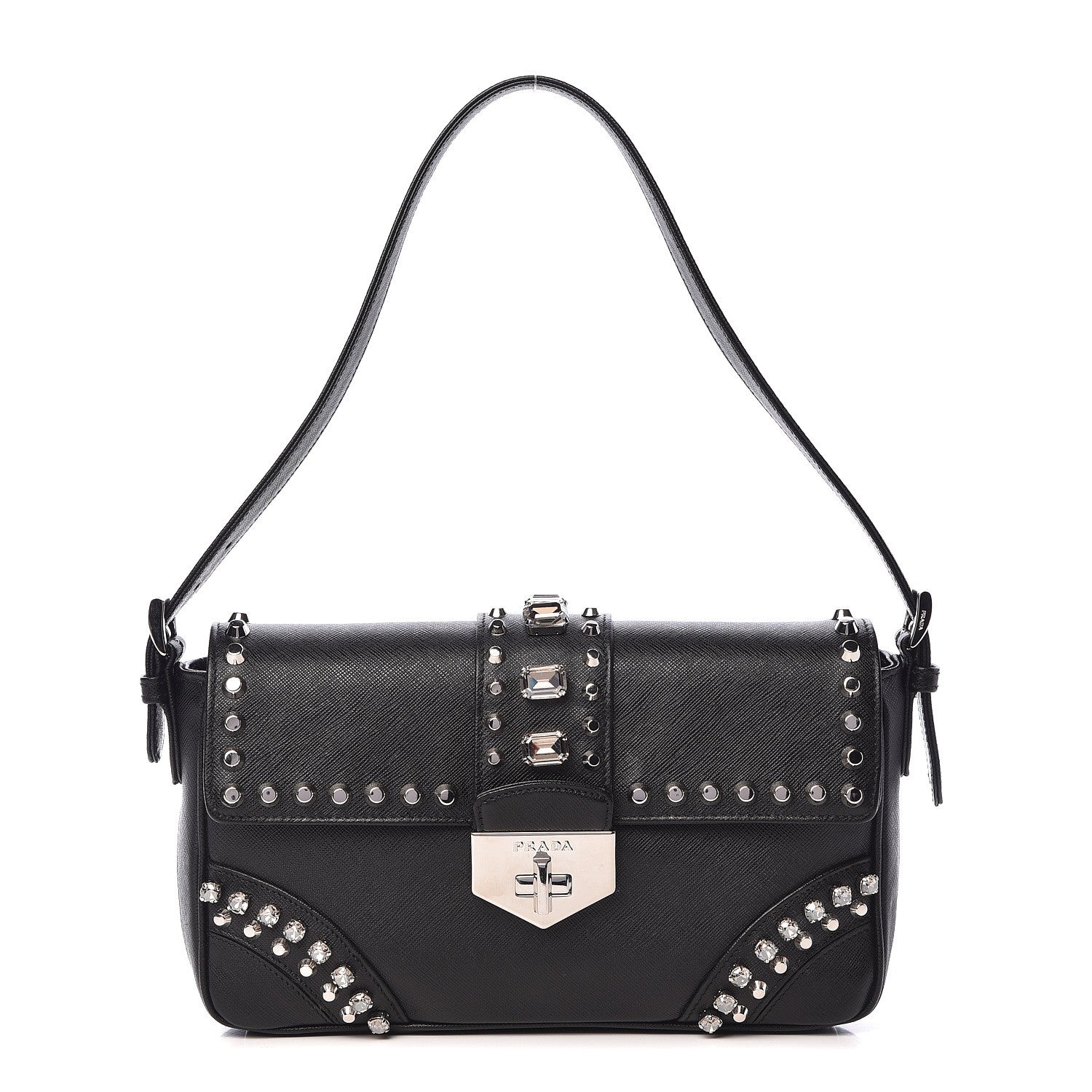 Prada Saffiano Soft Crystal Embellished Shoulder Bag Black 1 of 11