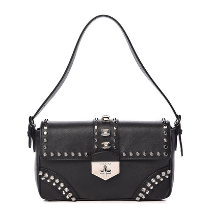 Prada Saffiano Soft Crystal Embellished Shoulder Bag Black 1 of 11