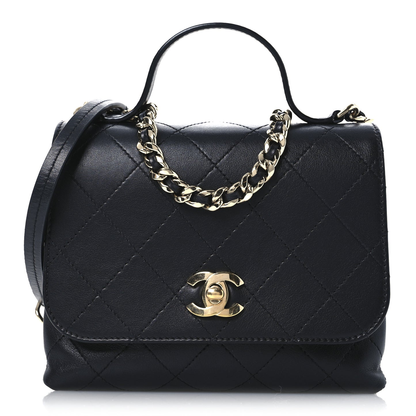 Calfskin Quilted Small Double Pocket Top Handle Flap Black
