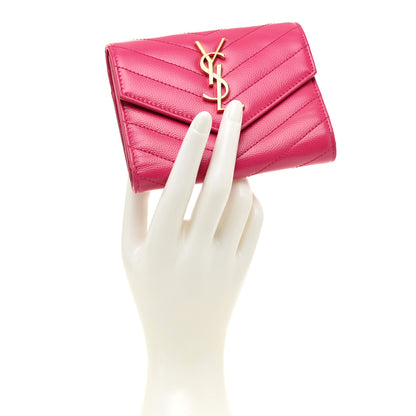 Saint Laurent Grain De Poudre Matelasse Chevron Monogram Compact Tri Fold Wallet Fuschia 2 of 13