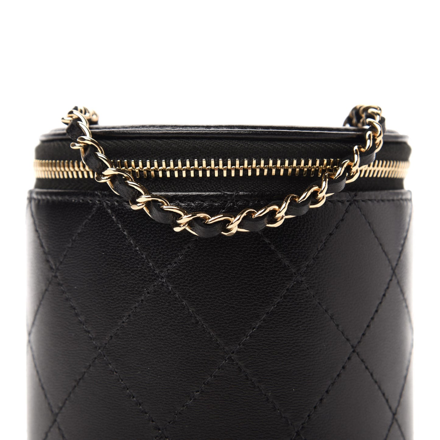 Lambskin Quilted Round Small Vanity Case With Chain Black
