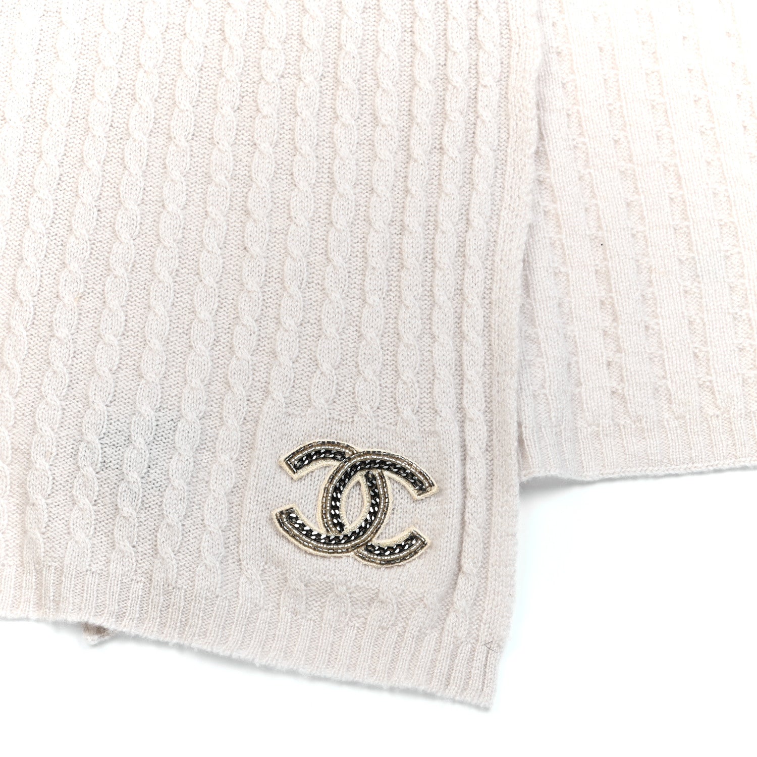 Chanel Cashmere Cable Knit CC Scarf Light Grey 4 of 4