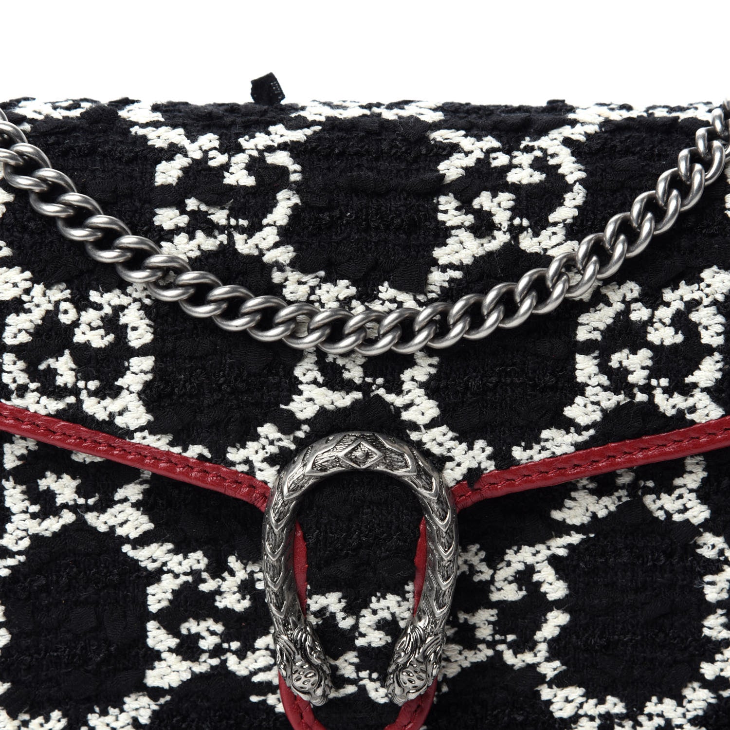 Gucci Tweed GG Monogram Mini Dionysus Chain Wallet Black White Romantic Cherry 10 of 11