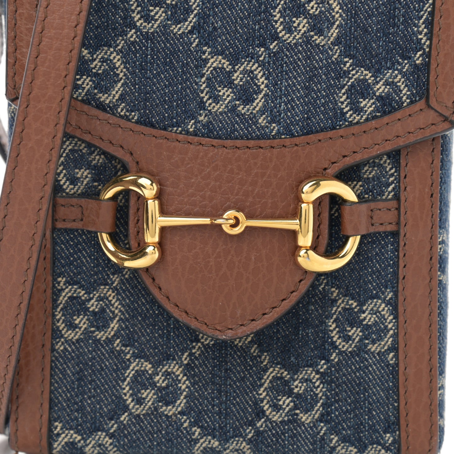 New Denim GG Monogram Dollar Calfskin Mini Horsebit 1955 Crossbody Bag Blue Tea Cuir Epilog