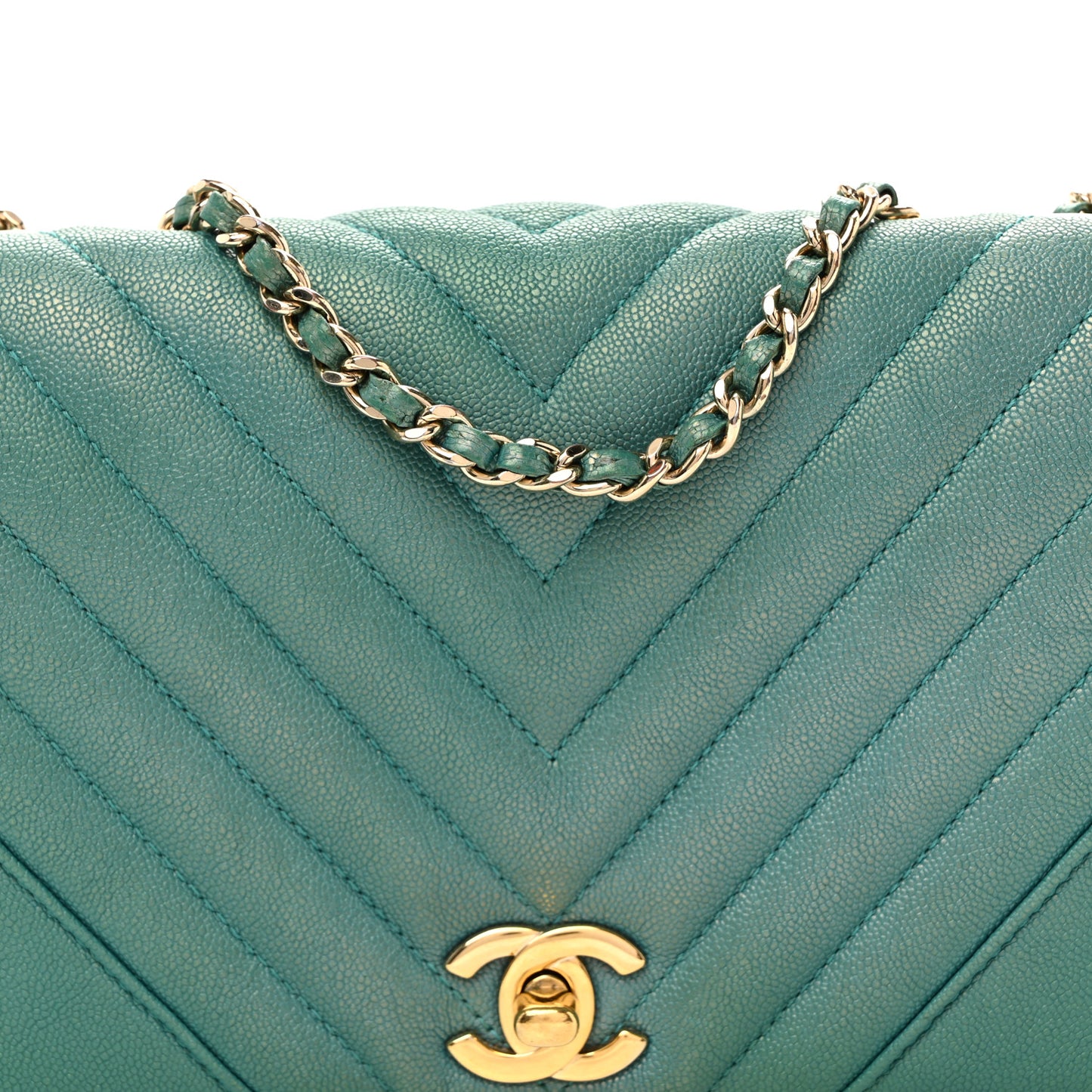 Metallic Caviar Chevron Quilted Small Statement Flap Turqouise