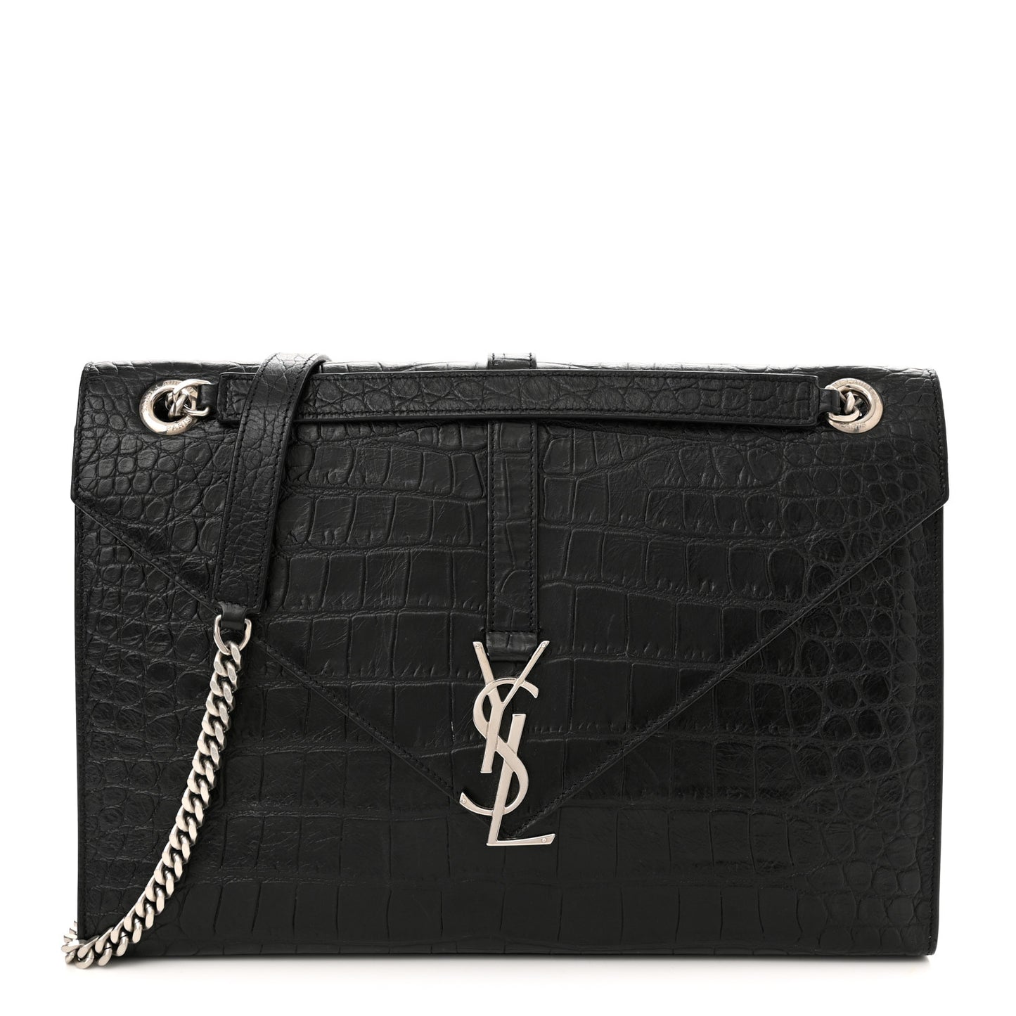 Calfskin Crocodile Embossed Medium Monogram Envelope Chain Shoulder Bag Black