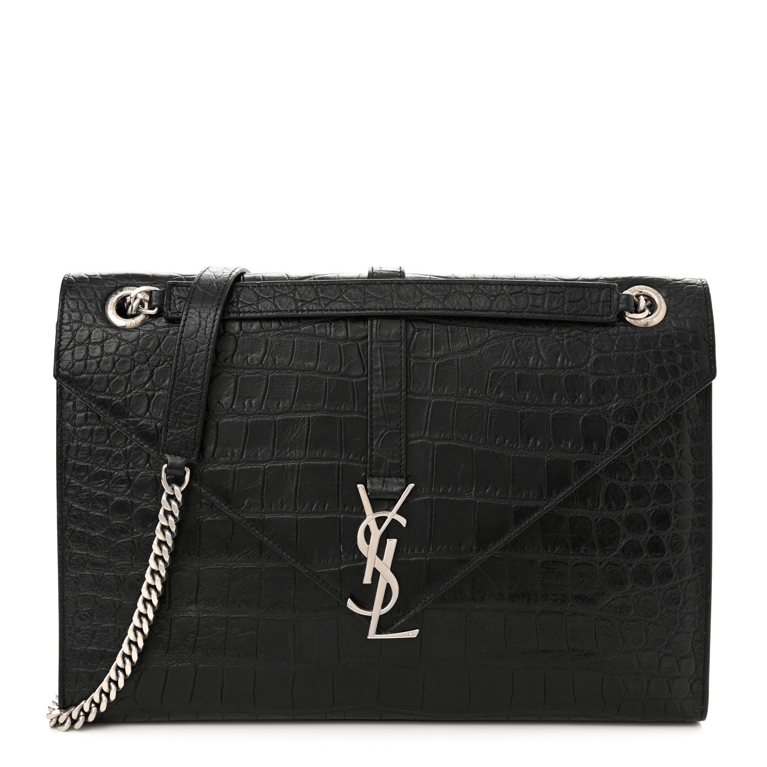Saint Laurent Calfskin Crocodile Embossed Medium Monogram Envelope Chain Shoulder Bag Black 1 of 11