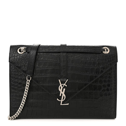 Saint Laurent Calfskin Crocodile Embossed Medium Monogram Envelope Chain Shoulder Bag Black 1 of 11