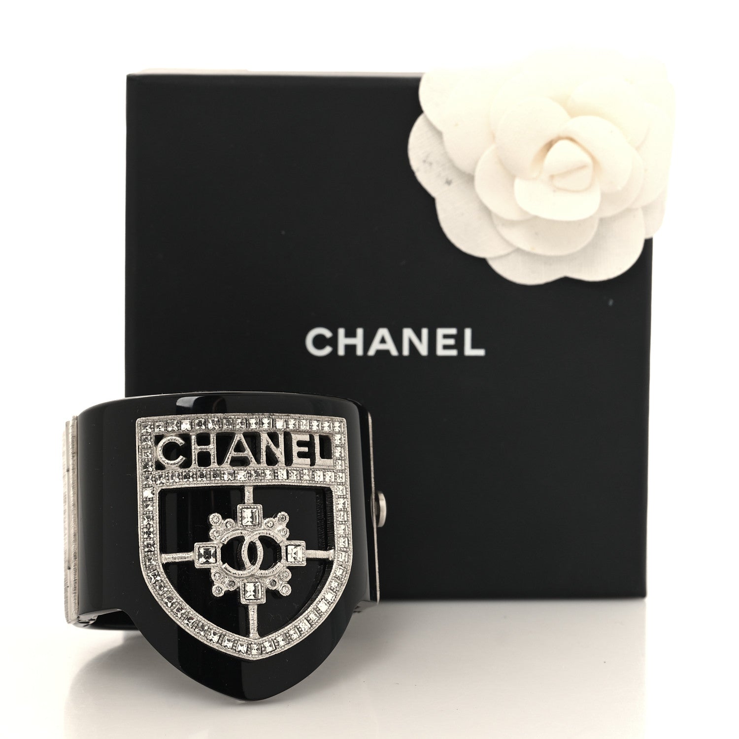 Chanel Resin Swarovski Baguette Crystal CC Shield Cuff Black 6 of 6