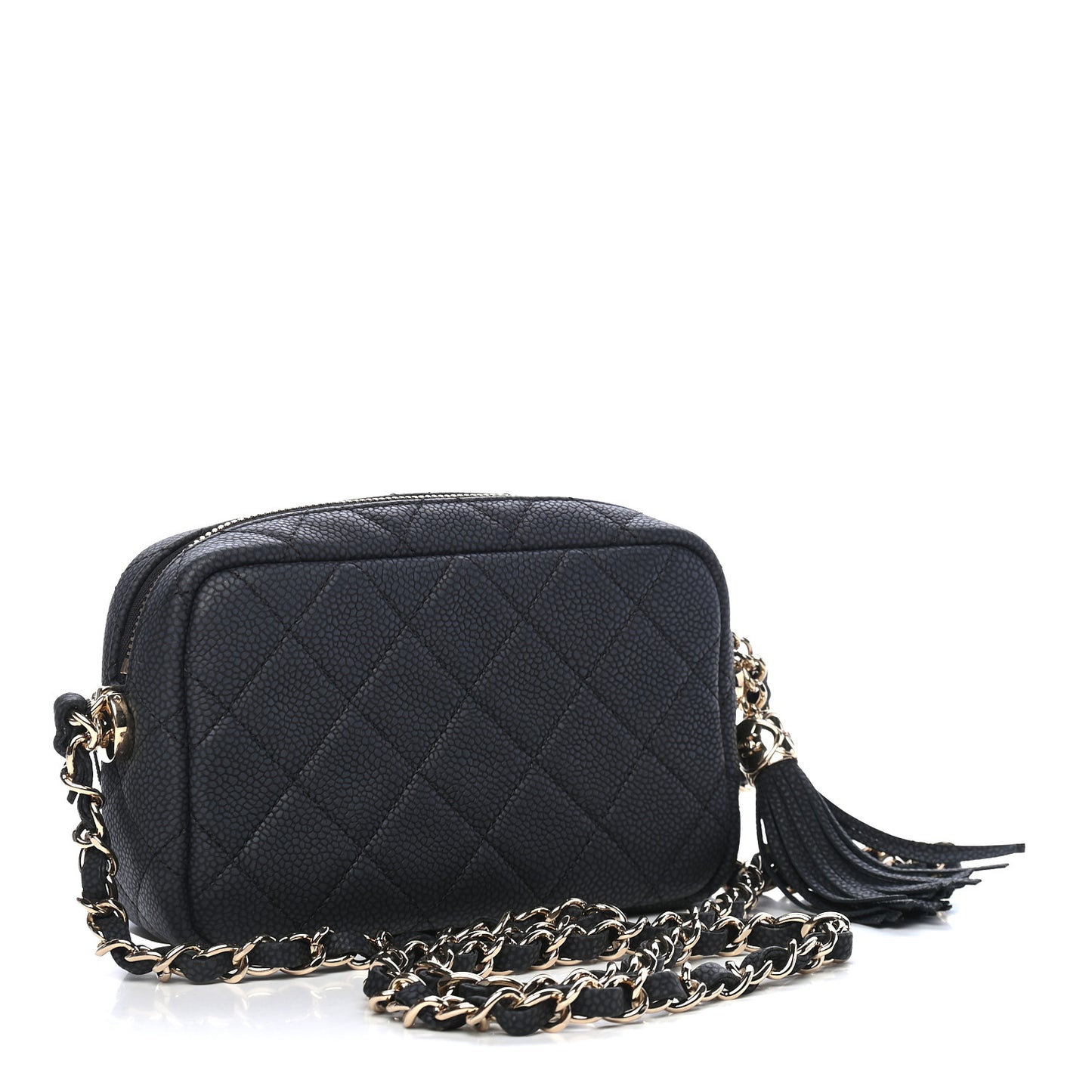Iridescent Caviar Quilted Mini Coco Tassel Camera Case Black