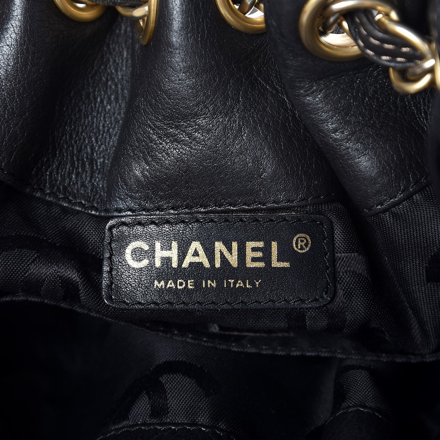 Grained Calfskin CC Drawstring Bucket Bag Black