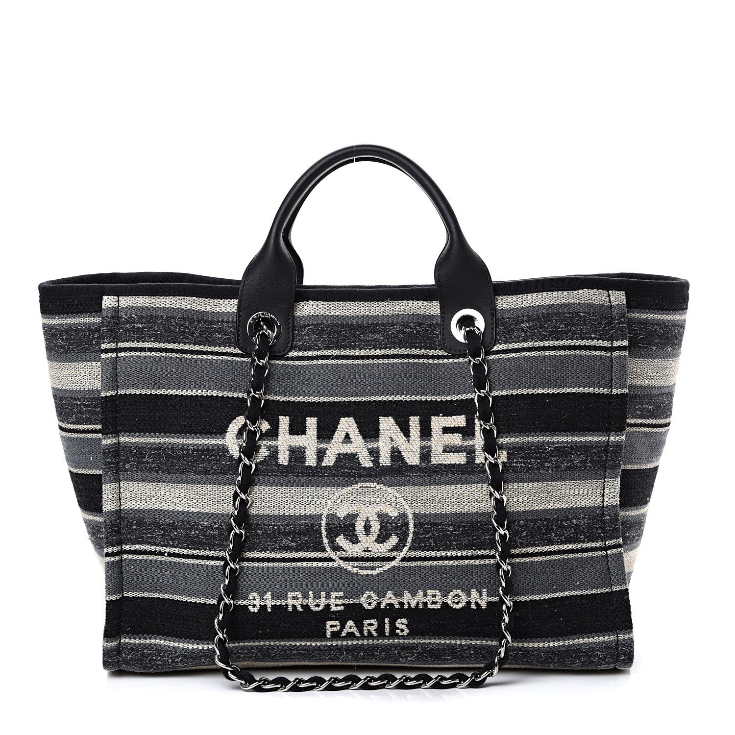Chanel Striped Canvas Medium Deauville Tote Black 1 of 9