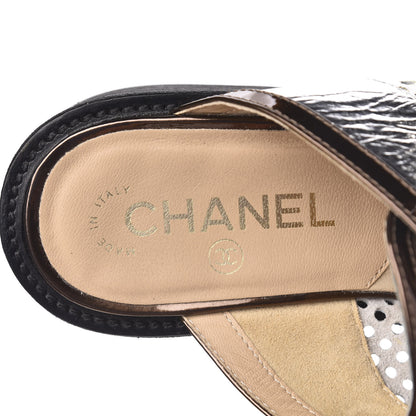 Chanel Lambskin Perforated Cap Toe Lace Up Mules 37.5 Silver Black 7 of 8