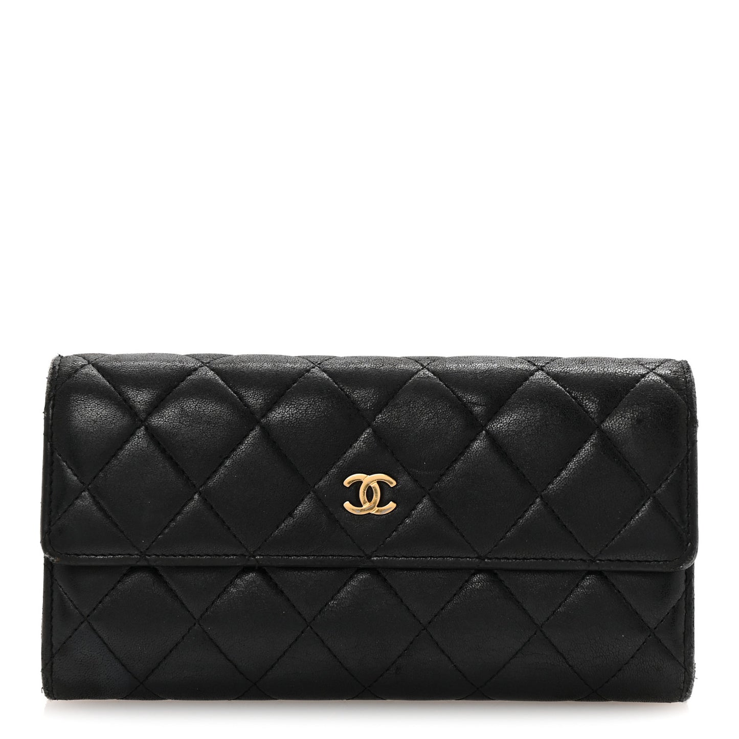 Lambskin Quilted Large Gusset Flap Wallet Black