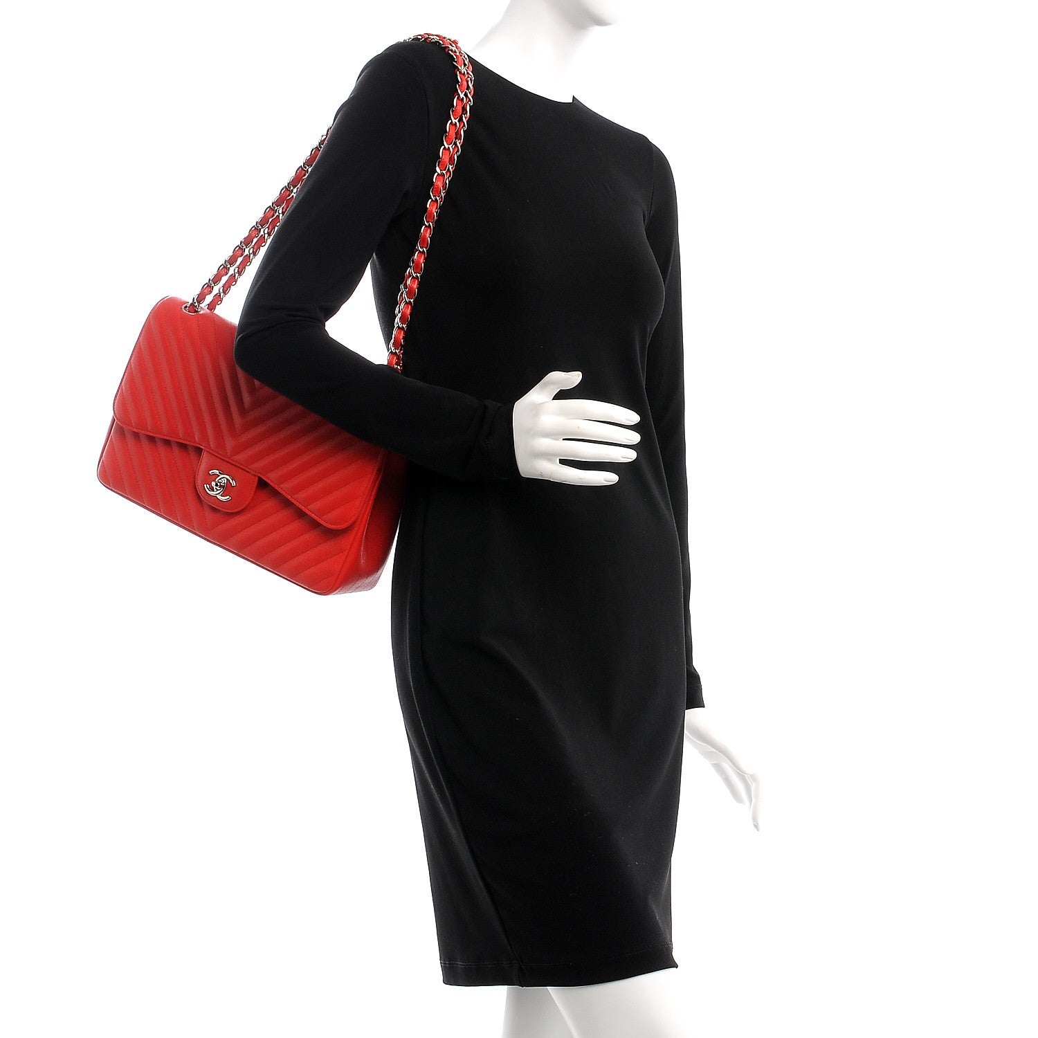 Chanel Caviar Chevron Quilted Jumbo Double Flap Red 3 of 9