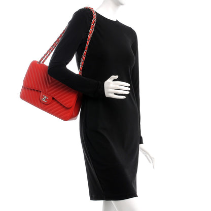 Chanel Caviar Chevron Quilted Jumbo Double Flap Red 3 of 9