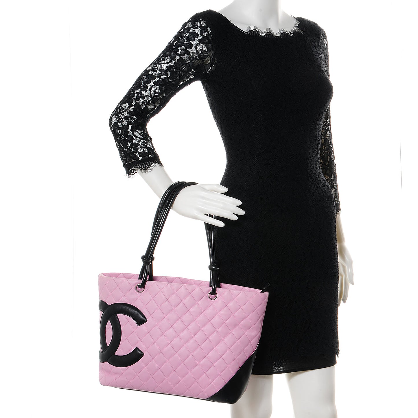 Calfskin Quilted Large Cambon Tote Pink Black