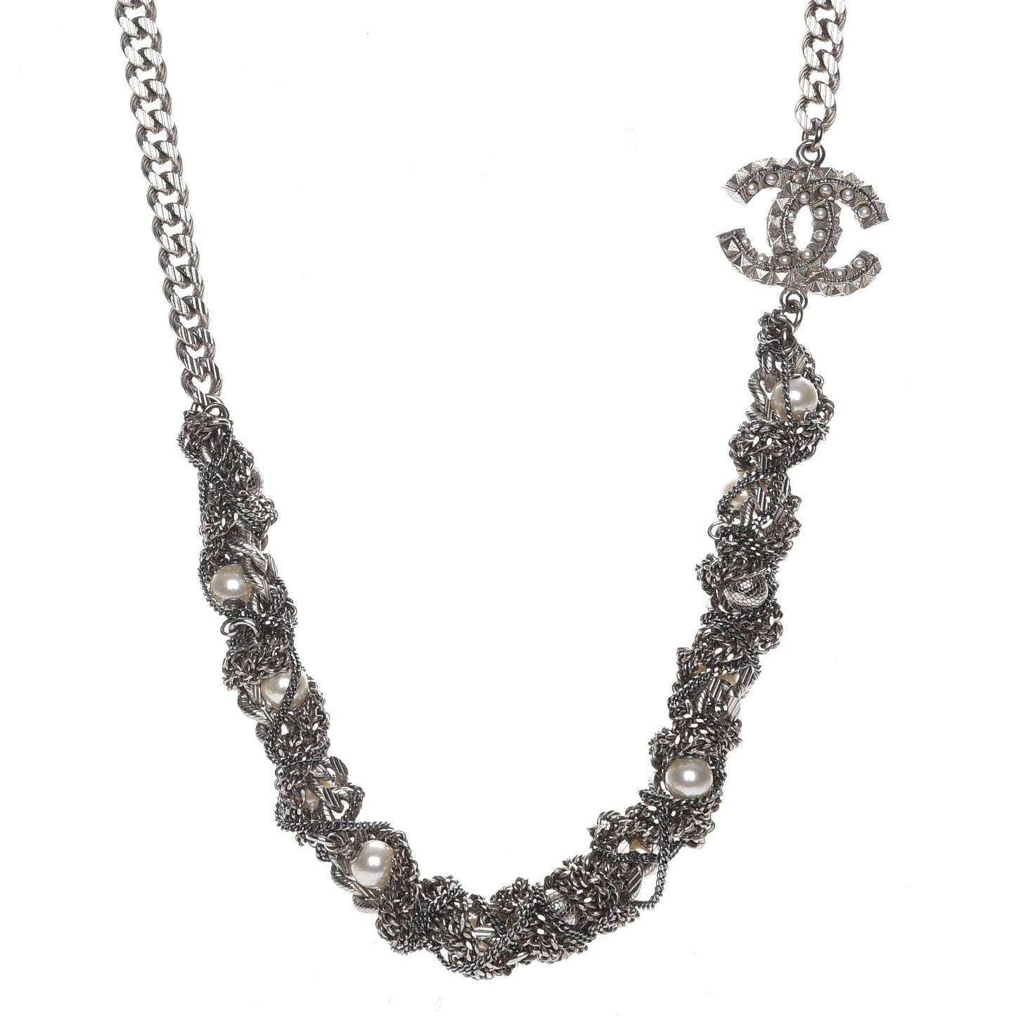 Pearl Chain CC Short Necklace Silver