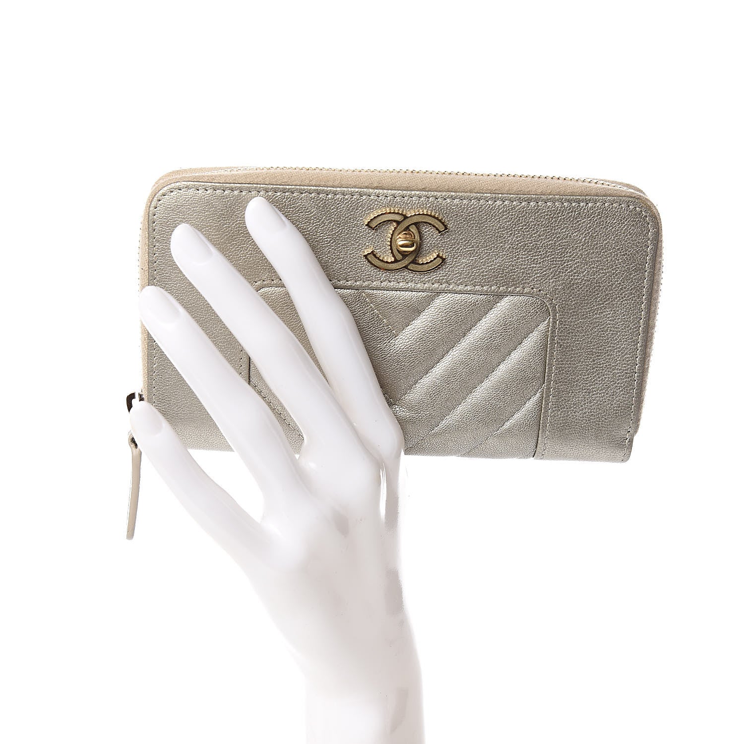 Chanel Metallic Sheepskin Quilted Mademoiselle Vintage Zip Around Wallet Light Gold 2 of 12