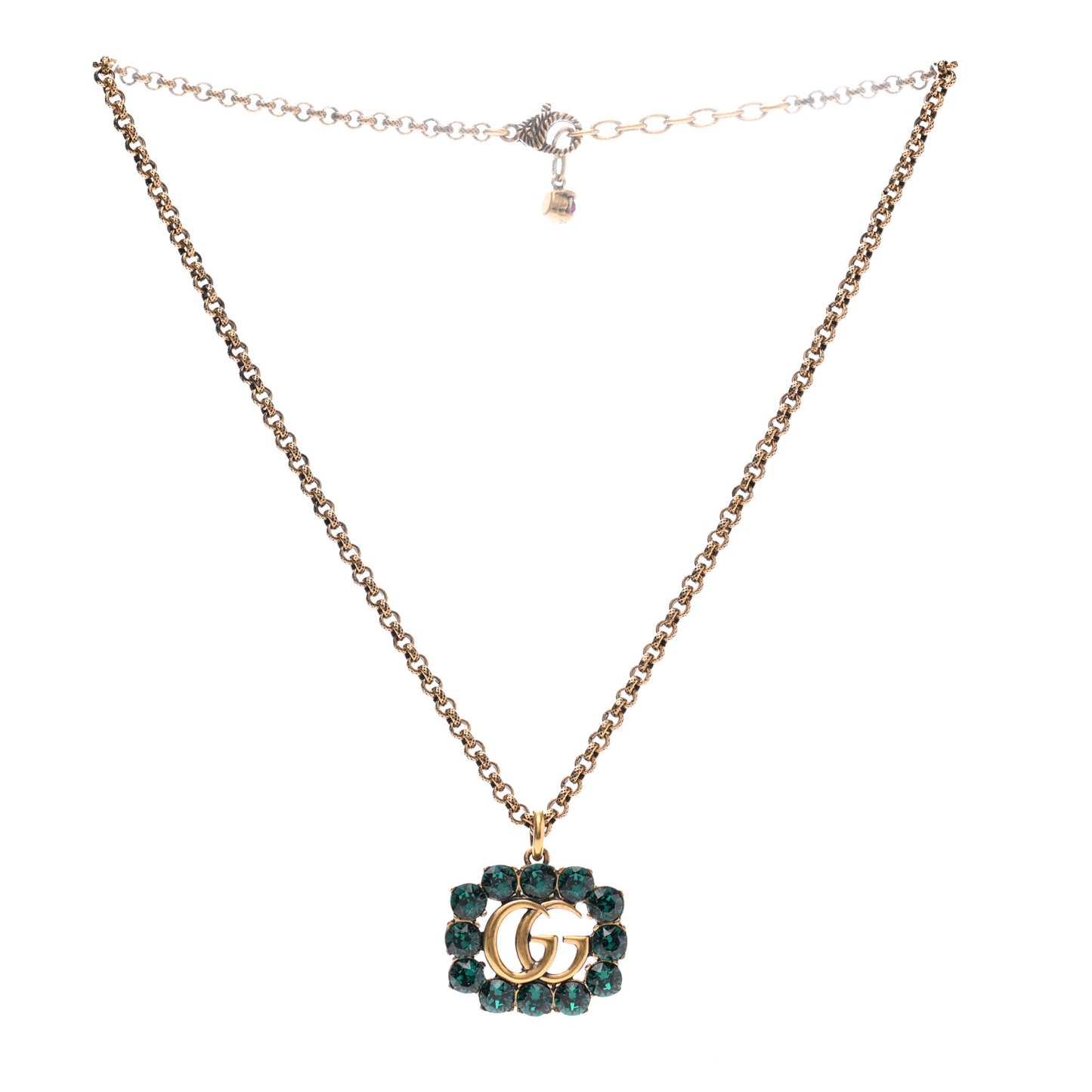 Crystal Embellished Double G Necklace Aged Gold Green