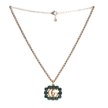 Gucci Crystal Embellished Double G Necklace Aged Gold Green 3 of 8