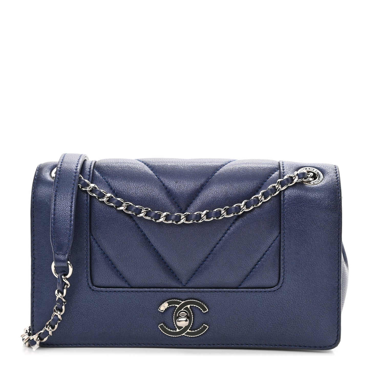 Metallic Sheepskin Chevron Quilted Small Vintage Mademoiselle Flap Navy