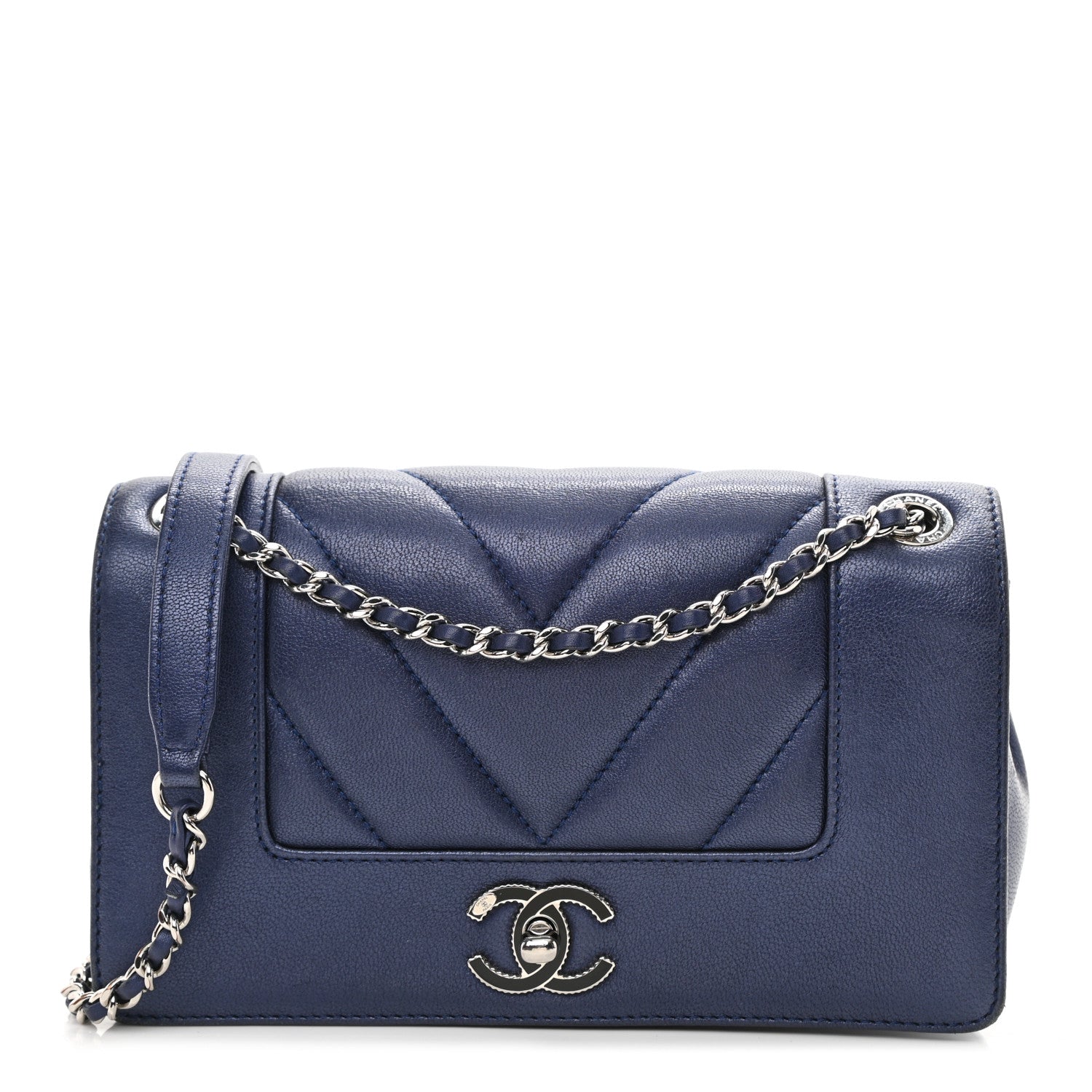 Chanel Metallic Sheepskin Chevron Quilted Small Vintage Mademoiselle Flap Navy 1 of 10
