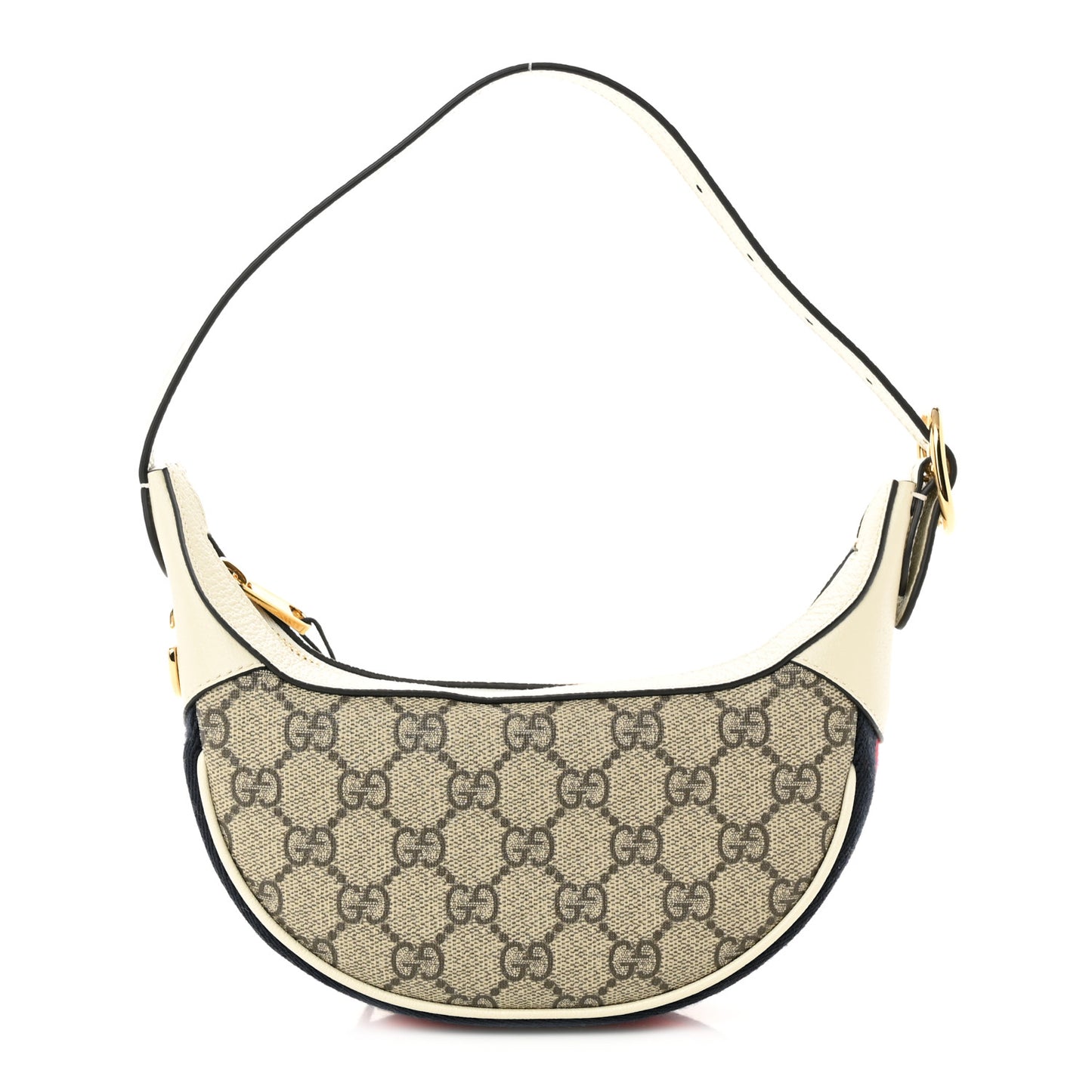GG Supreme Monogram Textured Dollar Calfskin Web Mini Ophidia Half Moon Hobo Beige Ebony Mystic White